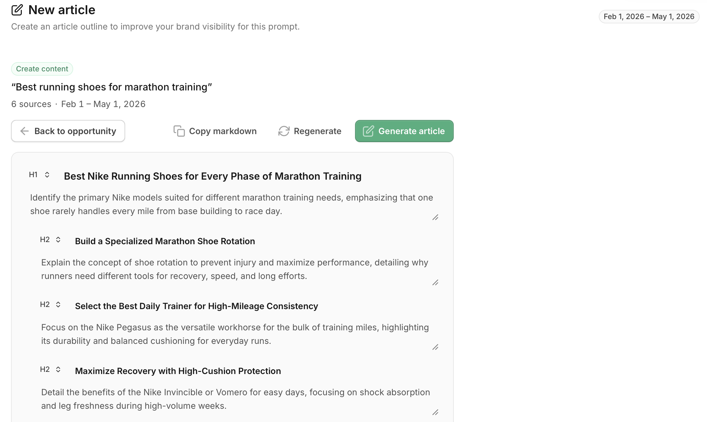 AllSearch outline generator building an article outline from the sources AI cites for a prompt the brand is losing.