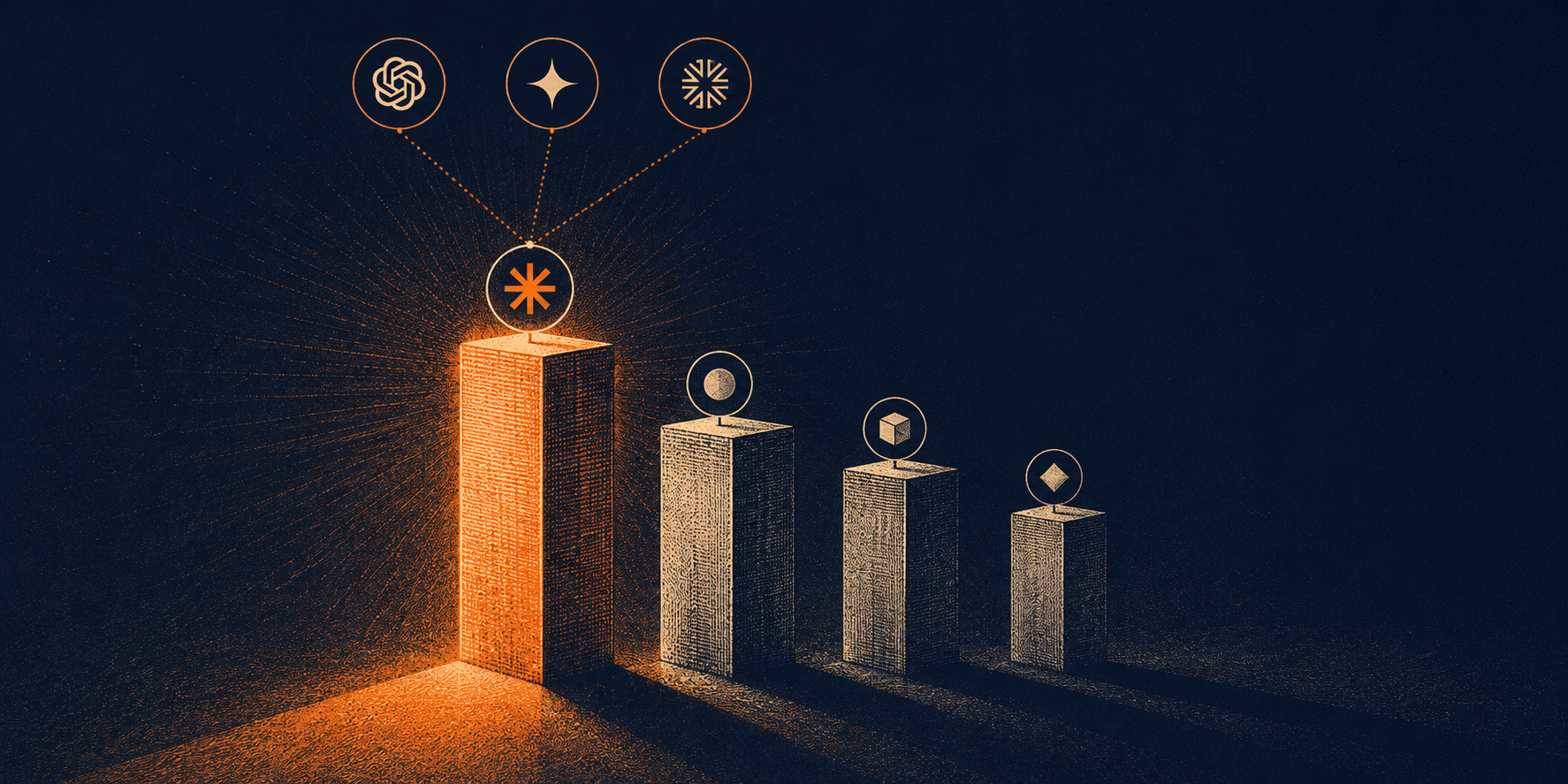 Ranked share-of-voice pillars on dark navy; the tallest glows orange, cited by AI engines via dotted lines.